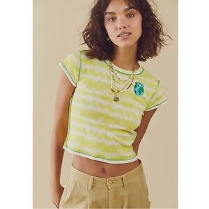 Free People Made Some Souvenirs Earth Yellow Striped Fitted Cropped Tee NWOT